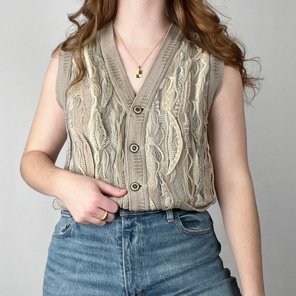 Rare COOGI Australia Wool 3D Cable Knit Oversized Sweater Vest Cardigan 80s 90s - Picture 2 of 8